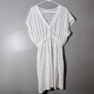 White Lace Swim Cover Up Women M/L V-Neck Fit & Flare Beach Dress-No Tags
